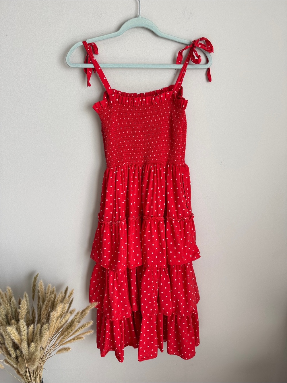 Draper James Red Polka Dot Smocked Tiered Midi Dress XS Cottagecore Sundress - Picture 7 of 11